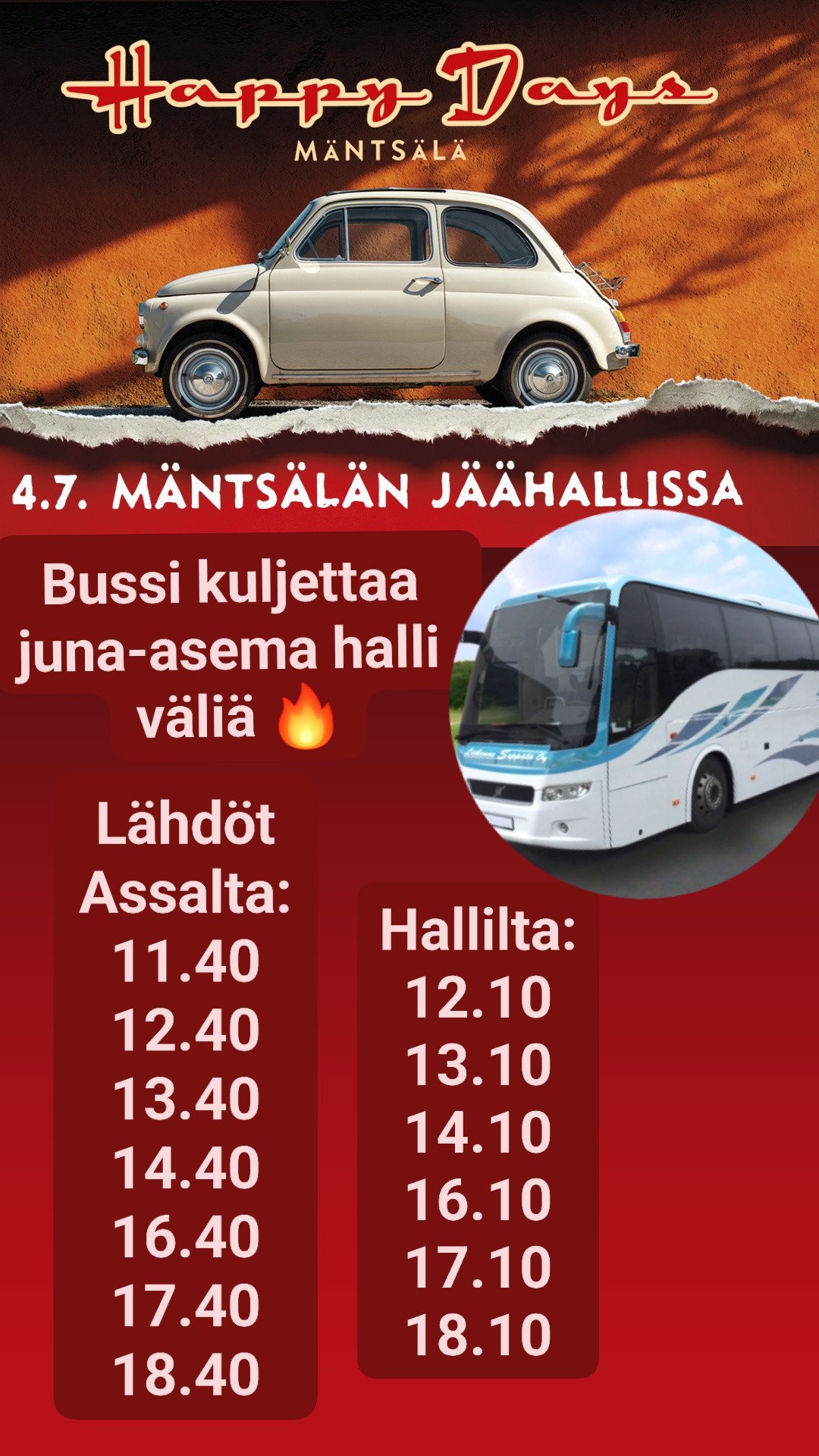Bussiaikataulut — maksuton kuljetus juna-aseman ja jäähallin välillä 4.7.